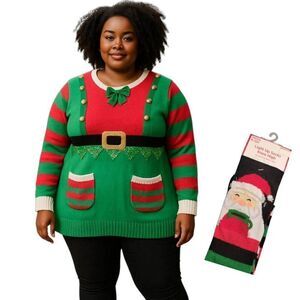 Christmas Elf Tunic Sequined Jingle Bells Embellished Sweater & NEW Santa Socks
